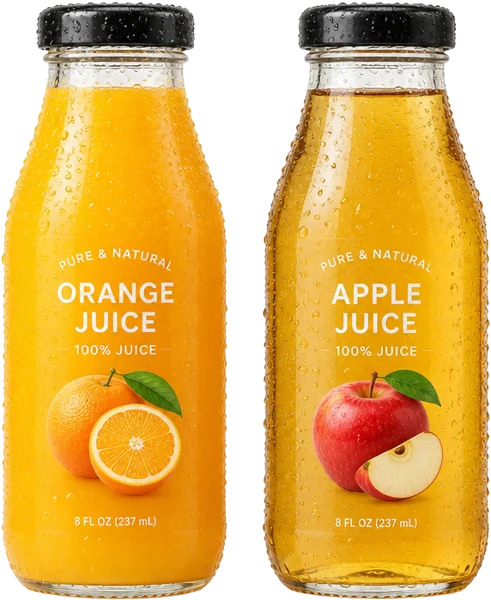 Orange and apple juice bottles on the juices menu at Marrakech Hookah Lounge & Cafe Hatboro